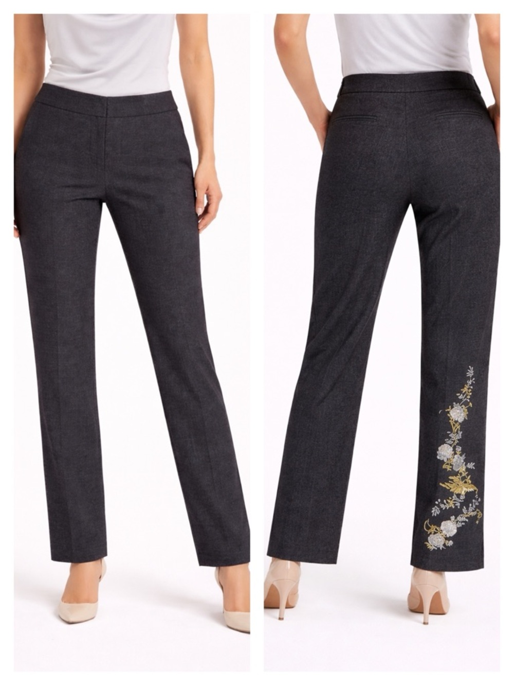Credibility Metallic Silver Gray Gold Floral Embroidery Pants 2 Small